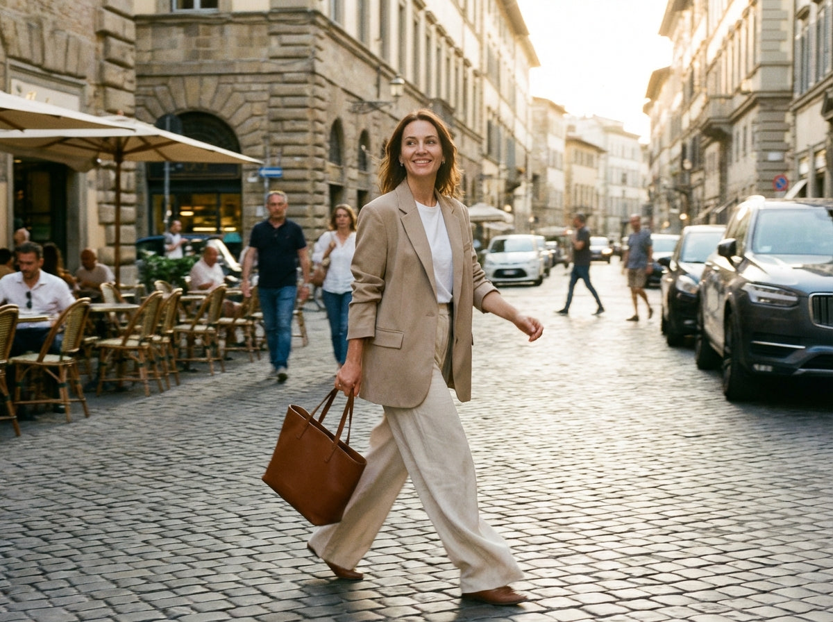 Vrouw in beige linnen blazer en wijde broek met witte top en bruine leren shopper, lopend door een charmante Europese straat.