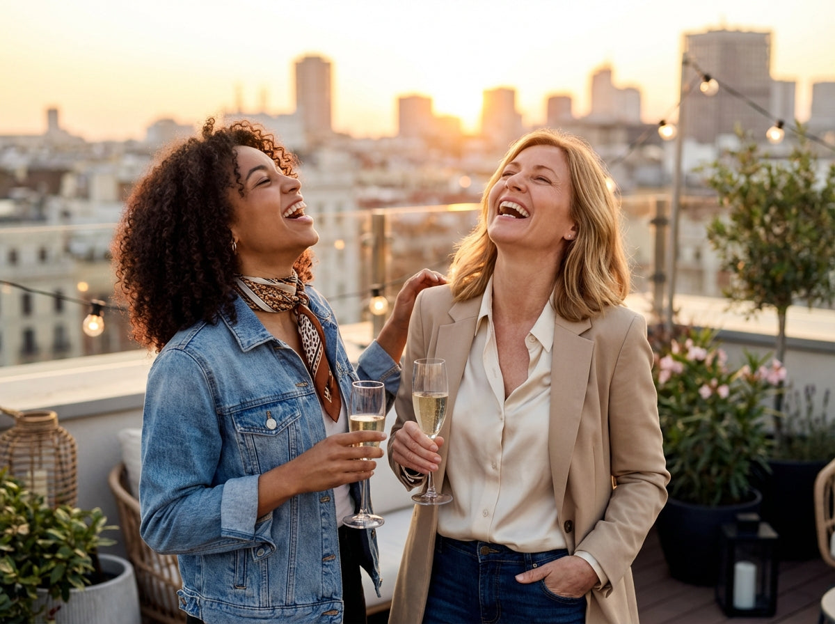 Twee vrouwen lachen op een dakterras bij zonsondergang, met champagneglazen in de hand — casual chic gekleed in denim jas en beige blazer.