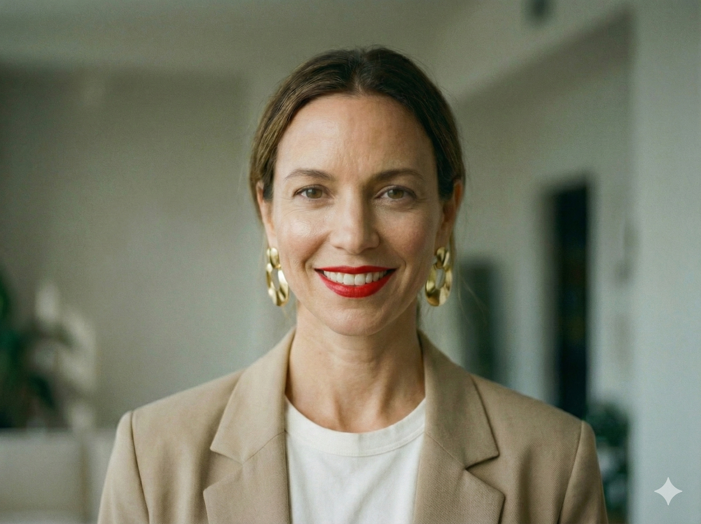 Close-up van een vrouw met een blije uitdrukking, gekleed in een beige blazer en witte top, staand in een lichte, moderne ruimte.