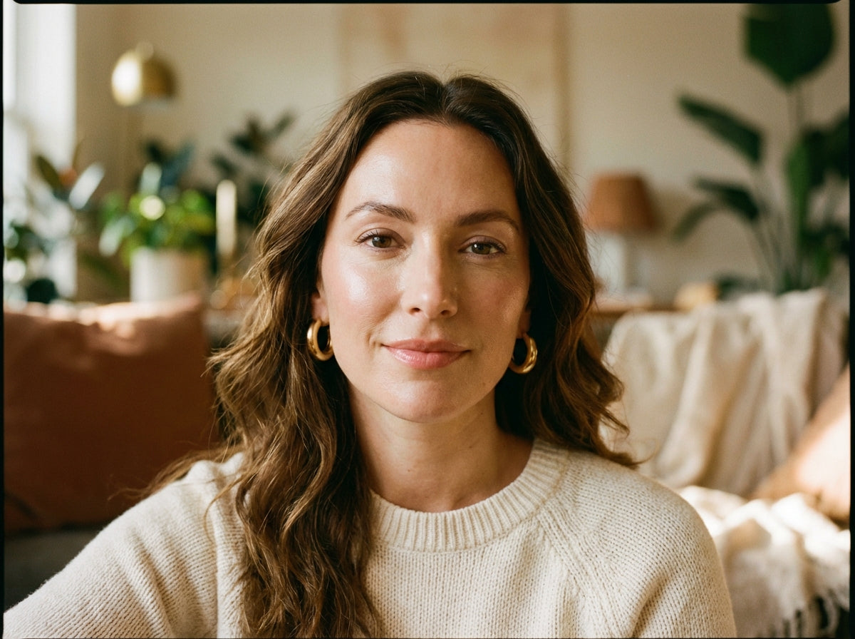 Vrouw met natuurlijke make-up en glanzende huid draagt een crèmekleurige trui, zittend in warme, gezellige woonkamer