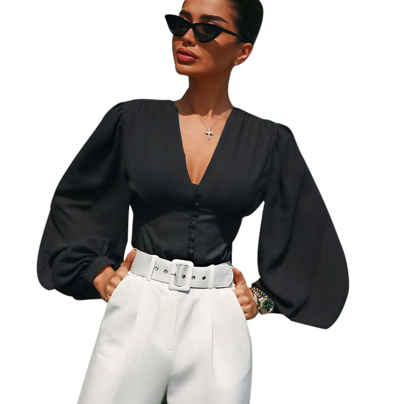 Noor’s - Vrouwen V-Hals Longsleeve Top met Knopen