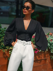 Noor’s - Vrouwen V-Hals Longsleeve Top met Knopen