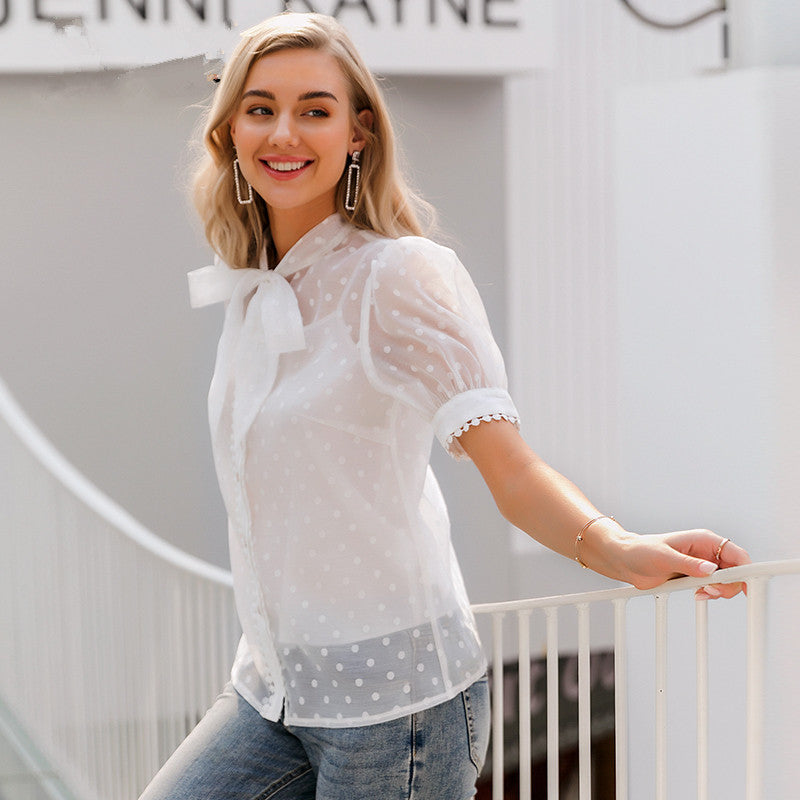 Tess’s - Vrouwen Stippen Mesh Korte Mouw Top