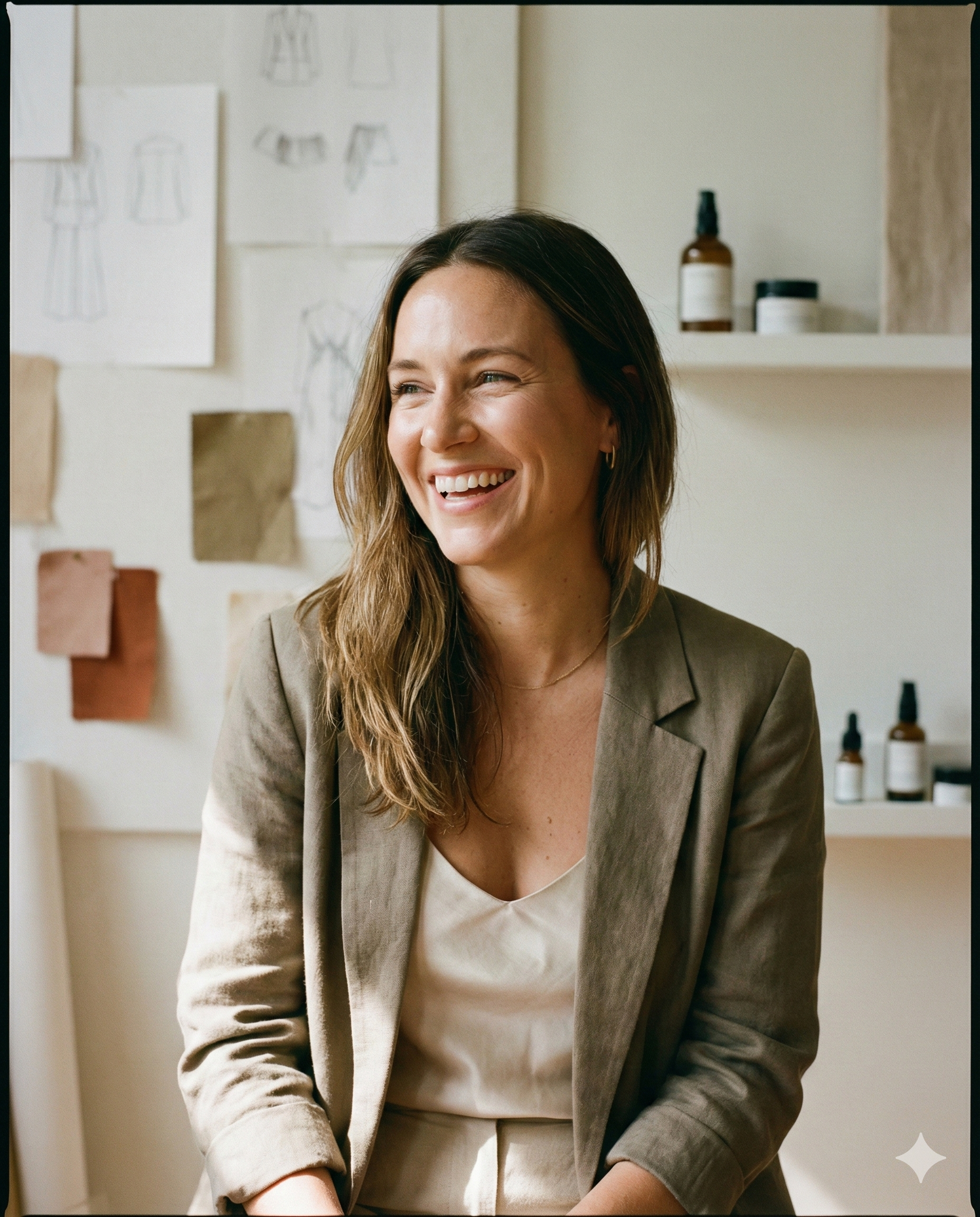 Lachende vrouw in linnen damespak zittend in creatieve studio met huidverzorgingsproducten op de achtergrond.