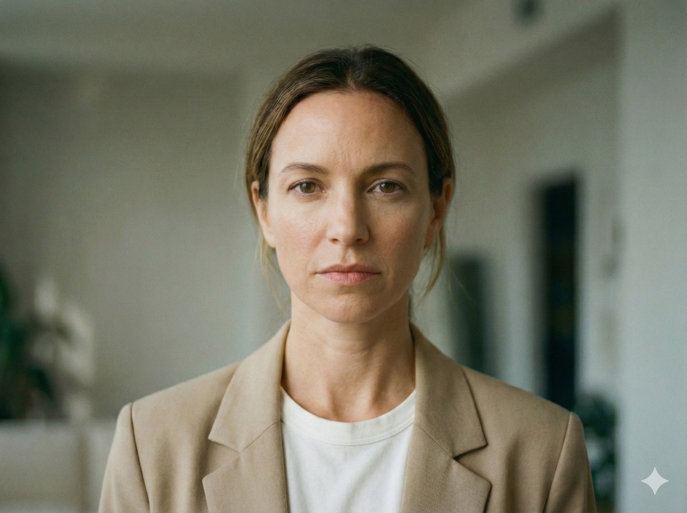 Close-up van een vrouw met een neutrale uitdrukking, gekleed in een beige blazer en witte top, staand in een lichte, moderne ruimte.